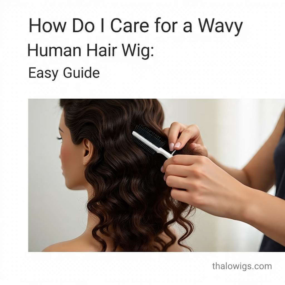 woman styling wavy human hair wig at home