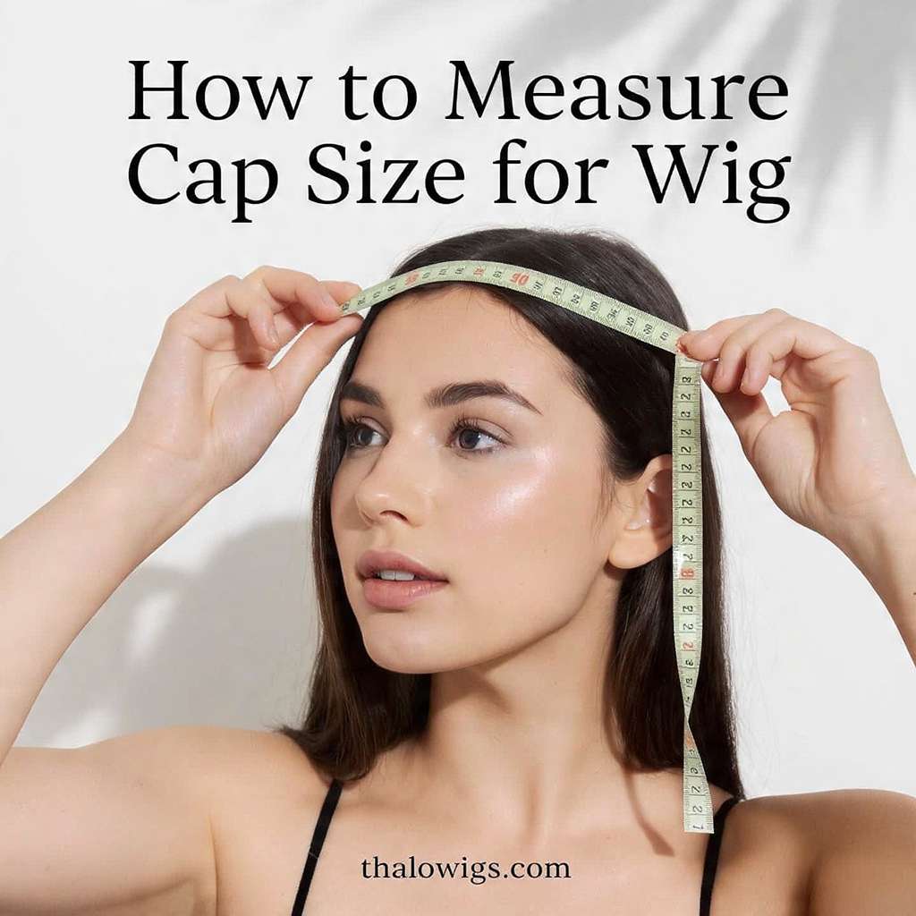 Woman measuring her head with a tape to determine accurate wig cap size