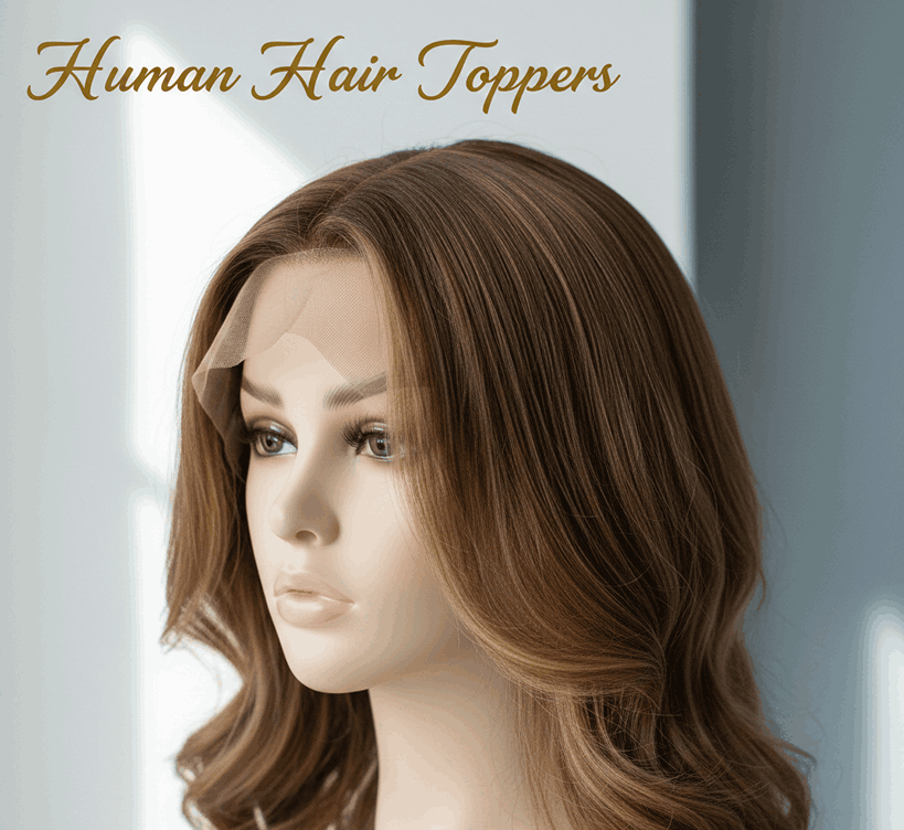 Human hair topper on a mannequin for crown coverage