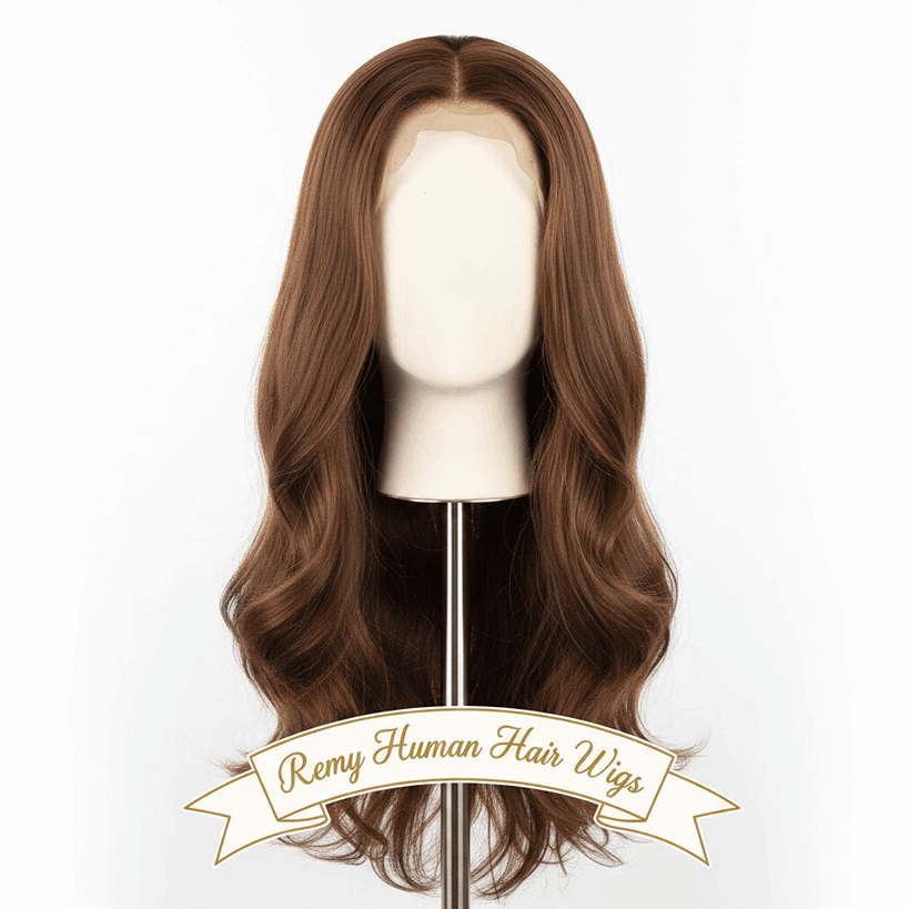 Remy human hair wig with natural shine and texture on a mannequin