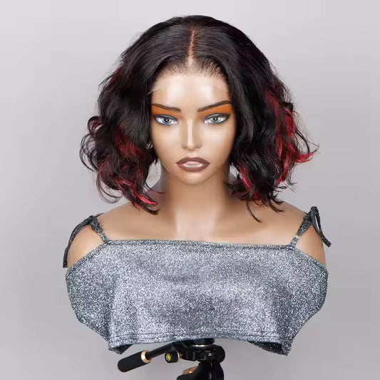 13x4 Glueless Black Wavy lace Wig with Reddish highlights